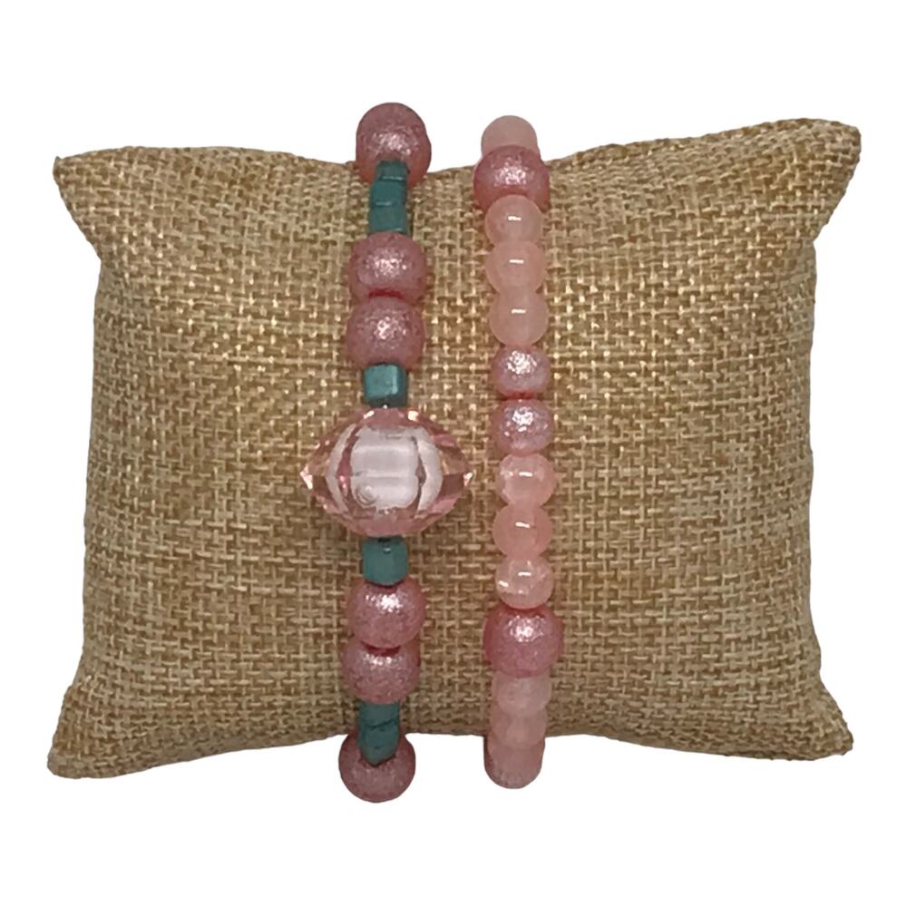 Bracelet Set Vintage Classic Inspired Stretch Glass Pink Beads Unique Design